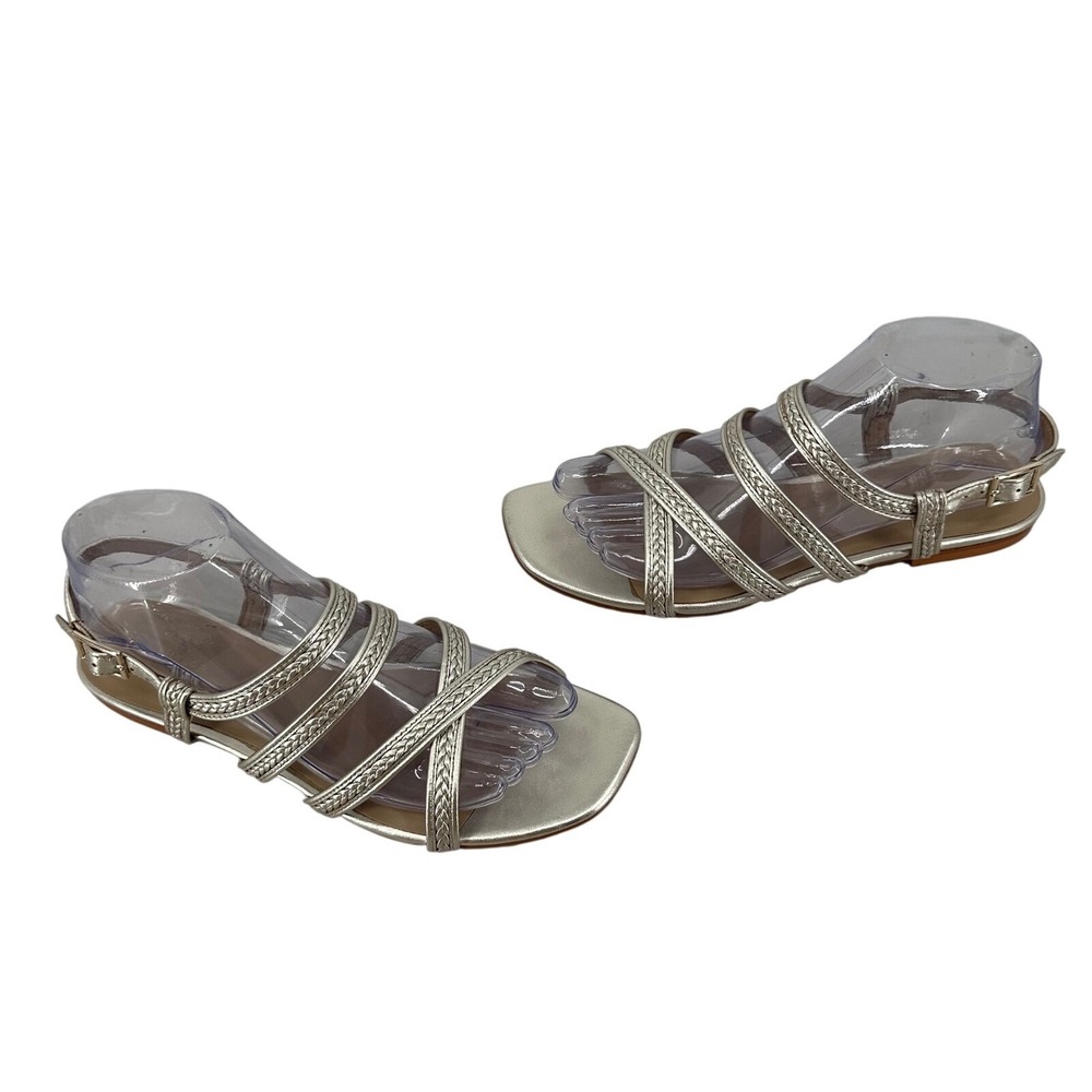 Ann Taylor‎ Metallic Gold Braided leather Strappy Sandals Square Toe Flat 7.5M